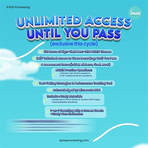 ✨ Ready to pass the NCLEX and take your nursing career abroad? ✨ The 𝟏𝟗𝐭𝐡 𝐂𝐲𝐜𝐥𝐞 of IPASS Next-Gen NCLEX Online Review is here, and it’s your chance to join thousands of nurses who have proudly said #IPASSEDwithIPASS! 💙 ✅ Up to ₱3,200 OFF on NCLEX Processing Online Review bundles ✅ Unlimited Access Until You Pass – exclusive this cycle only ✅ Minnesota BON-approved program with expert mentors ✅ Proven track record: 80K successful clients & 100% approval rate Classes start September 1, 2