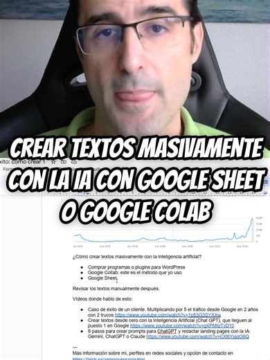 Crear textos masivamente con la IA con Google Sheet o Google Colab Caso de éxito: cómo crear 1.600 textos de golpe con la IA, para multiplicar x100 las visitas desde Google. ***Vídeo completo en https://www.tiktok.com/@antoniogonzaleztrei/video/7459344394890513697*** #IA #creartextos #textos #GoogleSheet #GoogleColab #posicionamientoweb #marketingdigital #SEOTips #SEOparaprincipiantes #TrucoDiario #UnVideoCadaDia #RetoDiario Un vídeo al día con un truco de Google o IA. 1 millón de visitas/mes a 