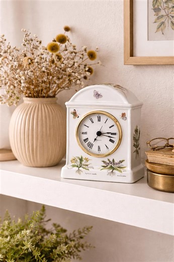 Vintage German Porcelain Botanical Mantel Clock With Butterflies, Quartz Desk Clock, Floral Ceramic Shelf Clock - Etsy