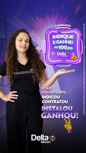 Delta Telecom on Instagram: "Cliente Delta, que tal começar o ano com R$ 100,00 no bolso? Para receber seu prêmio é simples: indique um amigo. Se ele contratar e instalar a conexão, você recebe R$ 100,00! 👉 Entre em contato conosco e indique hoje mesmo! 📞 0800 645 3650 📱 (45) 3241-3650 💻 www.deltatele.com.br *Consulte termos e condições #ClientePremiado #DeltaTelecom #IndiqueEGanhe #Indicação"