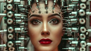 Beautiful technology female cyborg in strange medical science brain experiment setting made with AI