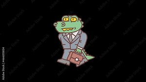Alligator character holding briefcase and goes. Frame by frame animation. Alpha channel