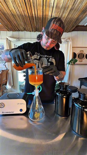 Doing a final filtration on our myrrh oil today. This is after it has already been filtered down to 15 microns and allowed to settle for two weeks. The clear oil is pulled from the top and the remainder is taken through vacuum filtration down to one micron. This stage is slow by design. Time allows gravity and pressure to do the work without forcing anything through. Clarity here is not about speed. It is about respect for the material and letting the heavier fractions finish their conversation 