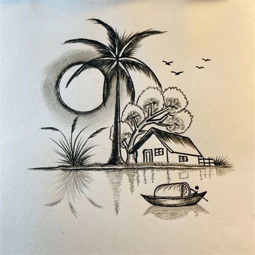 Water land & water reflection scenery drawing with house and trees #trees #art #draw #design #boat | Tawsif Drawing Gallery
