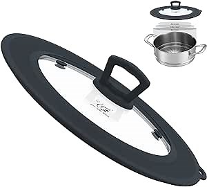 Vented Tempered Glass Universal Lid for Pot Pan Skillet with Heat Resistant Silicone Rim Microwave Splatter Lid Cover Microwave Safe Fit 9.5“ 10” 10.5“ 11” Cookware, Dishwasher Safe Grey