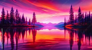 Sunset Over a Lake: Capture the vibrant hues of a sunset reflecting off the calm surface of a lake, with silhouettes of trees or mountains Stock Video