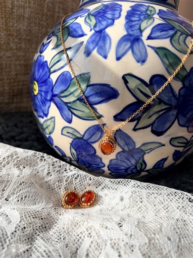 Vintage Gold-tone Amber-colored Jewelry Set | Necklace and Earrings | Romantic Cottagecore Style - Etsy