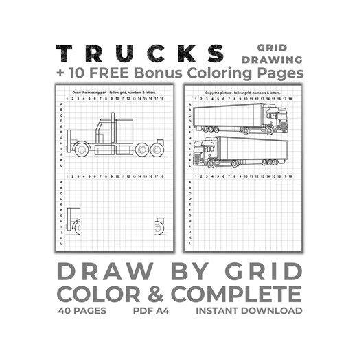 Truck Grid Drawing, How to Draw Semi Trucks, Truck Coloring Pages, Draw Truck by Grid, Coordinate Grid Drawing, Coordinate Draw - Etsy