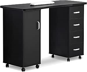 BarberPub Manicure Table, Acetone Resistant Nail Desk, Nail Table with 4 Drawers, 2 Cabinet, Lockable Wheels, Wrist Pad, Nail Desk for Nail Tech, Beauty Salon Black 0611