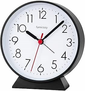 FAMICOZY Silent Non Ticking Analog Alarm Clock,Easy to Read,Simple Operation,Crescendo Alarm,Snooze Light,1 AA Battery Operated,Black