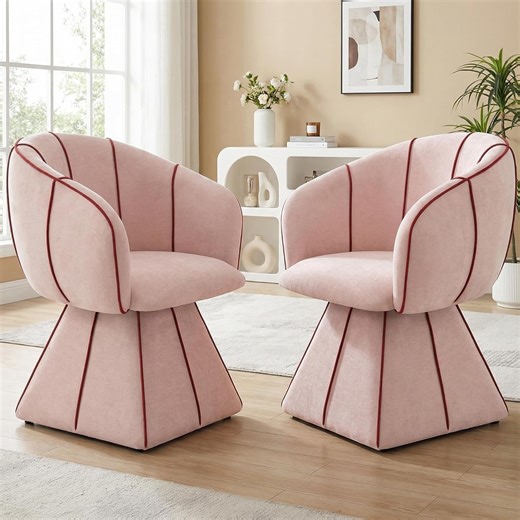 Swivel Accent Chair, 360° Cute Vanity Chair with Curved Back – Small Pink Barrel Chair in Soft Cotton Fabric for Bedroom or Living Room (Pink,Set of 2)