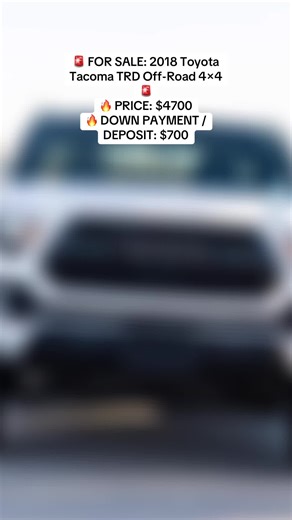 🚨 FOR SALE: 2018 Toyota Tacoma TRD Off-Road 4×4 🚨 🔥 PRICE: $4700 🔥 DOWN PAYMENT / DEPOSIT: $700 😮‍💨 ONLY 44K MILES 😮‍💨 ✔️ 3.5L DOHC V6 ✔️ 6-Speed Automatic Transmission ✔️ TRD Premium Off-Road Package 🏔️ ✔️ Dual-Range Transfer Case ✔️ Locking Rear Differential ✔️ Technology Package 📱 ✔️ Super White Paint ✔️ Black Leather Interior ✔️ Dual-Zone Automatic Climate Control ✔️ Power Glass Sunroof ☀️ ✔️ Heated Front Seats 🔥 ✔️ Black 17” TRD Pro Wheels ✔️ Tonneau Cover ✔️ Window Sticker Inclu
