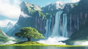Download Panorama of the most beautiful fantasy waterfall with the enviroment forest animation for free