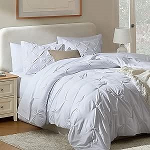 Nestl Queen Comforter Set 7 Piece - Pinch Pleated Comforters Queen Size White, Bed in a Bag Queen All Season, Queen Size Comforter Sets Bedding with Flat Sheet and Fitted Sheet, Pillowcases and Shams