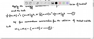 A "ballistic pendulum" is a device (now largely obsolete, but very useful in its day) to measure the speed of a bullet as it hits a target. Let the target be a block of wood suspended from a string, as in the figure below. When the bullet hits, it is embedded in the wood, and together they swing, like a pendulum, to some maximum height h. The question is, how do you find the initial speed of the bullet (vi) if you know the mass of the bullet (m1), the mass of the block (m2), and the height h ? |