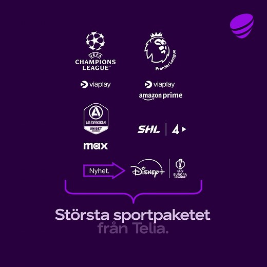 Vårt bästa sportpaket för dig som verkligen vill ha allt – sporten från TV4 Play, Viaplay, Prime, Disney och Max på ett ställe. | Telia Sverige