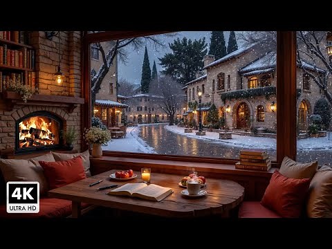 Beautiful Winter Café with Falling Snow ~ Gentle Jazz Piano Space, Fireplace Sounds For Relax, Work