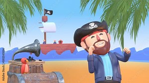 3d animation of pirate captain dancing near treasure chest with sailing pirate ship on background, animation for music video