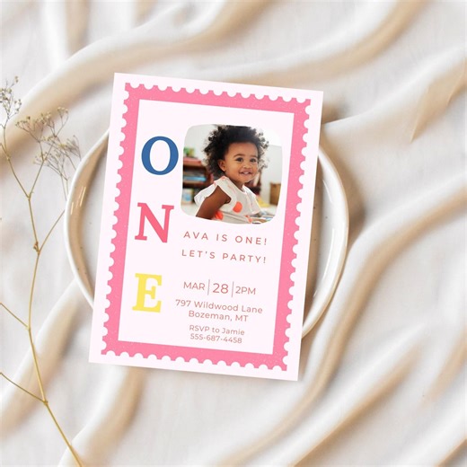 Girl's First Birthday Photo Invitation | Pink Stamp Party Invite (digital Download) - Etsy