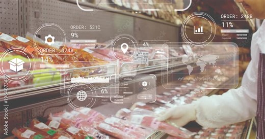 Meat clerk responding to HUD overlays, picking and aligning packages while data HUD guiding restock