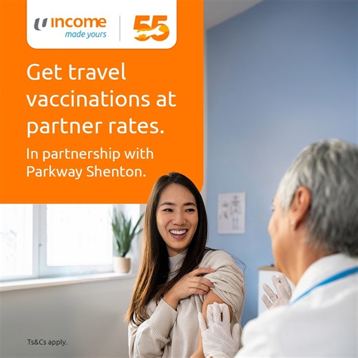 Don’t let unexpected illnesses disrupt your travel plans. Travel happy with a safer and healthier journey, by ensuring that you and your travel companions are better protected against region-specific illnesses. In partnership with Parkway Shenton, enjoy partner rates on travel vaccinations at participating clinics, when you purchase eligible travel insurance plans between 6 May to 14 December 2025. Find out more: www.income.com.sg/parkway-shenton-travel-vaccination Ts&Cs apply. #travelmadeyours 