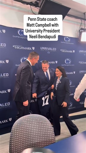 12K views · 1.8K reactions | New Penn State head coach Matt Campbell greets university president Neeli Bendapudi before posing for photos after his introductory press conference. | Penn State Football on PennLive | Facebook