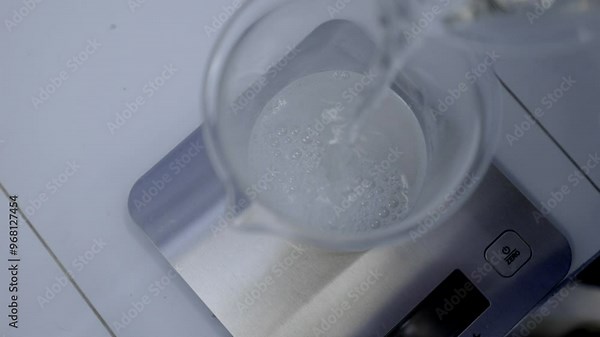 A scientist wearing gloves pours a clear liquid into a beaker, conducting laboratory experiments or chemical research in a lab setting