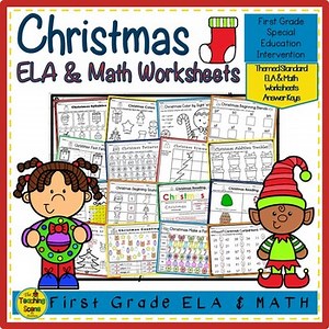 Christmas Themed First Grade ELA and Math Worksheets