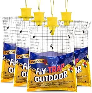 Disposable Fly Traps 4 Pack Big Bags Outdoor, Flies Catcher Traps with Natural Pre-Bait Refill Repellent, Stable Horse Ranch Trapper Outdoor Hanging Fly Killer Helps Control Flies