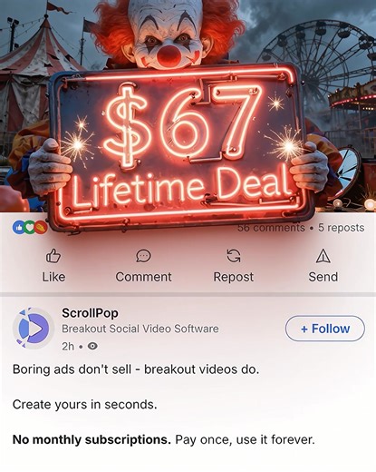 Boost your sales with scroll-stopping video ads: ✅ 1,000+ ready-to-use animations ✅ AI Creator for any industry ✅ New breakout effects & clips every week ✅ No editing skills needed ✅ Works for any business or niche  $67 Lifetime Deal — no monthly fees. Start creating viral clips in seconds → https://scrollpop.com | ScrollPop | Facebook