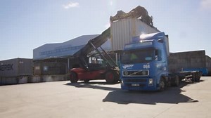 Container Handler is Loading Container onto Truck in Logistic Center.