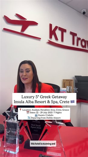 56 reactions | Luxury 5* Greek Getaway – Insula Alba Resort & Spa, Crete   Location: Analipsi, Heraklion Area, Crete, Greece  Dates: 22 – 29 July 2025 | 7 Nights  Guests: 2 Adults ✈️ Departing from: Dublin Airport  Accommodation at Insula Alba Resort & Spa (Adults Only) 1× Double Room with Balcony – Included Half Board: Daily Breakfast & Dinner – Included Upgrade Option: Swim-Up Double Room – Only €245pp extra | KT Travel Dundalk | Facebook