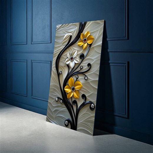 Elegant Yellow and White Floral Canvas Wall Art, Modern Flower Design, Embellished Home Decor, Leaf Background, Ready to Hang - Etsy