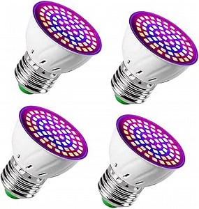 Grow Bulb E27, Full Spectrum LED Grow Light, 48/60/80 LED with Blue Outer and Infrared for Indoor Plants Vegetable Garden Greenhouse Succulents, 4 Pack (E27-80LED)