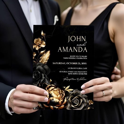 Gold Black Wedding Invitation, Gold Roses Floral Wedding, Modern Dark Wedding Invite, Black Roses and Gold Wedding Announcement Editable - Etsy