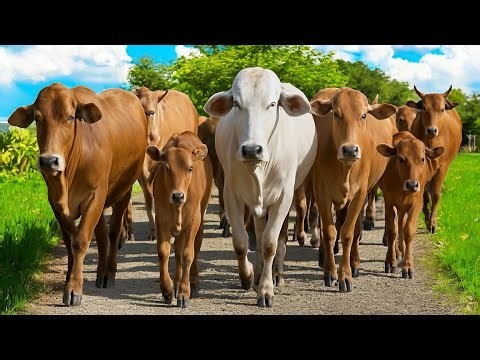 Dozens of cute cows descend the hill and walk neatly towards the fields, the sound of cows mooing...