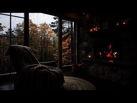 Cozy Autumn Rain on Window & Fireplace (No music) | Luxury Cabin Bedroom 🍁🌧