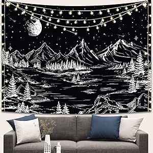 Apdidl Black and White Tapestry Starry Night Mountain Tapestries for Bedroom Aesthetic Moon and Stars Tapastry's Wall Hanging Dark Nature Forest Wall Tapestry for Living Room Dorm (36" x 48")