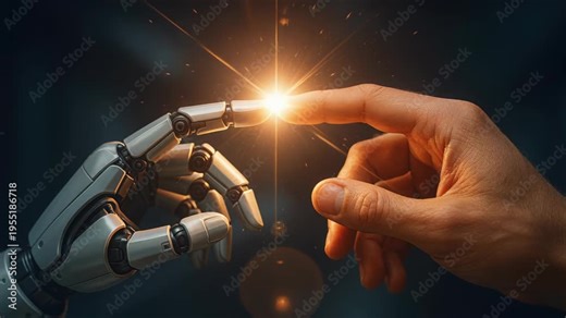Humanity Meets Artificial Intelligence: A stark and compelling image captures the moment a human hand reaches out to touch a robotic finger, the moment of connection and technological progress.