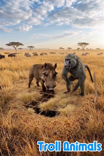 Baboon and Warthog Built a Secret Trap for a Furious Lion! #trollanimals #funnyanimals #shorts