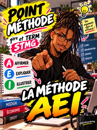 🔥 TU VEUX MIEUX ARGUMENTER EN STMG ? Arrête de réciter ton cours… 👉 APPRENDS À L’UTILISER ! La méthode AEI, c’est ton réflexe pour construire une réponse solide : 🅰️ AFFIRMER → Je donne mon idée. 🅴 EXPLIQUER → Je mobilise mon cours. 🅸 ILLUSTRER → Je donne un exemple concret. 💡 Exemple : ❓ « La formation améliore-t-elle la performance ? » 🅰️ La formation améliore la performance. 🅴 Elle permet de développer les compétences des salariés. 🅸 Par exemple, une formation aux outils numériques p