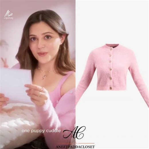 Aneet Padda's Closet | Aneet padda in Mia by Tanishq ad look decode ✨ @aneetpadda_ wearing: • @veromoda Pink Cropped Cardigan - ₹3,499 • @mango Knitted Button... | Instagram