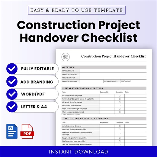 Construction Project Handover Checklist Template – Word & PDF, A4   US Letter - Etsy UK