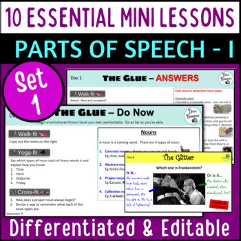 Parts of Speech - 10 Differentiated High School Mini Lessons - Grammar - Set 1