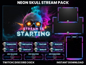 Neon Skull Twitch Stream Pack | Twitch Screen Overlays | Animated Webcam | Twitch Panels | Stream Overlays | Animated Screen | Discord| Kick - Etsy