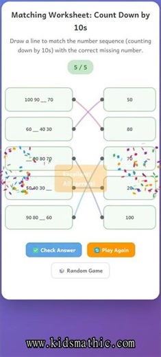 📝 Count Down by 10s Matching Worksheet for Grade 1 Kids