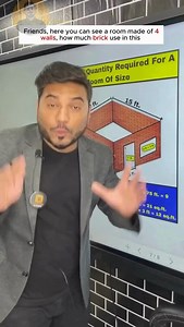 ✅Brickwork Quantity Required For A Room Of Size ■Length = 10 ft. ■Width = 15 ft. ■Height = 11 ft. ■Room dimensions: ■Wall thickness = 0.75 ft. = 9 inches (standard) ■Door: 7 ft. × 3 ft. = 21 sq.ft. ■1 Window: 4 ft × 3 ft = 12 sq.ft. 📌Total Wall Area (4 walls) ■Perimeter = 15 10 15 10 = 50 ■AREA = PERIMETER X HEIGHT ■= 50 X 11 ■= 550 sq.ft. 📌Volume of Walls (before deduction) ■= Area × Thickness ■= 550 sq.ft × 0.75 ft = 412.5 cu.ft ■Now convert to cubic meters: ■1 cu.m = 35.315 cu.ft ■Volume = 