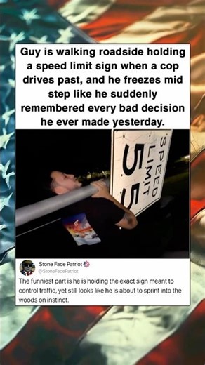 Guy is walking roadside holding a speed limit sign when a cop drives past, and he freezes mid step