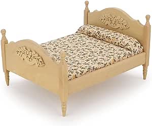 Miniature Furniture Dollhouse Wooden Fabric Bed with Mattress & Pillow 1 12 Scale Furniture Dollhouse Decoration Accessories (Wood)