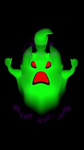 Happy little white ghost transforms into angry evil ghost with red eyes with green light against transparent background. 3D Animation